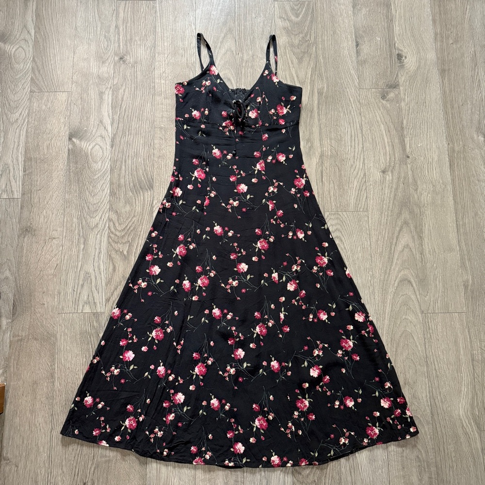 Cosmos Vintage Black Floral Midi Maxi Dress Tie Up Bust Size Small